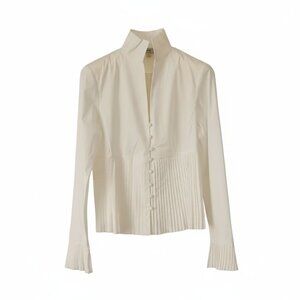 NWT Per Se White Button-Up Top- Size 4, long sleeve, Chic, Pleats, Minimalist